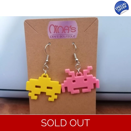 Space Invaders Yellow & Pink Retro 3D Printed Earrings Set